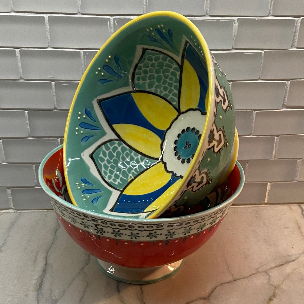 Anthropologie Elka Ayaka Pedestal Ceramic Bowls Set Yellow Blue Green Red White